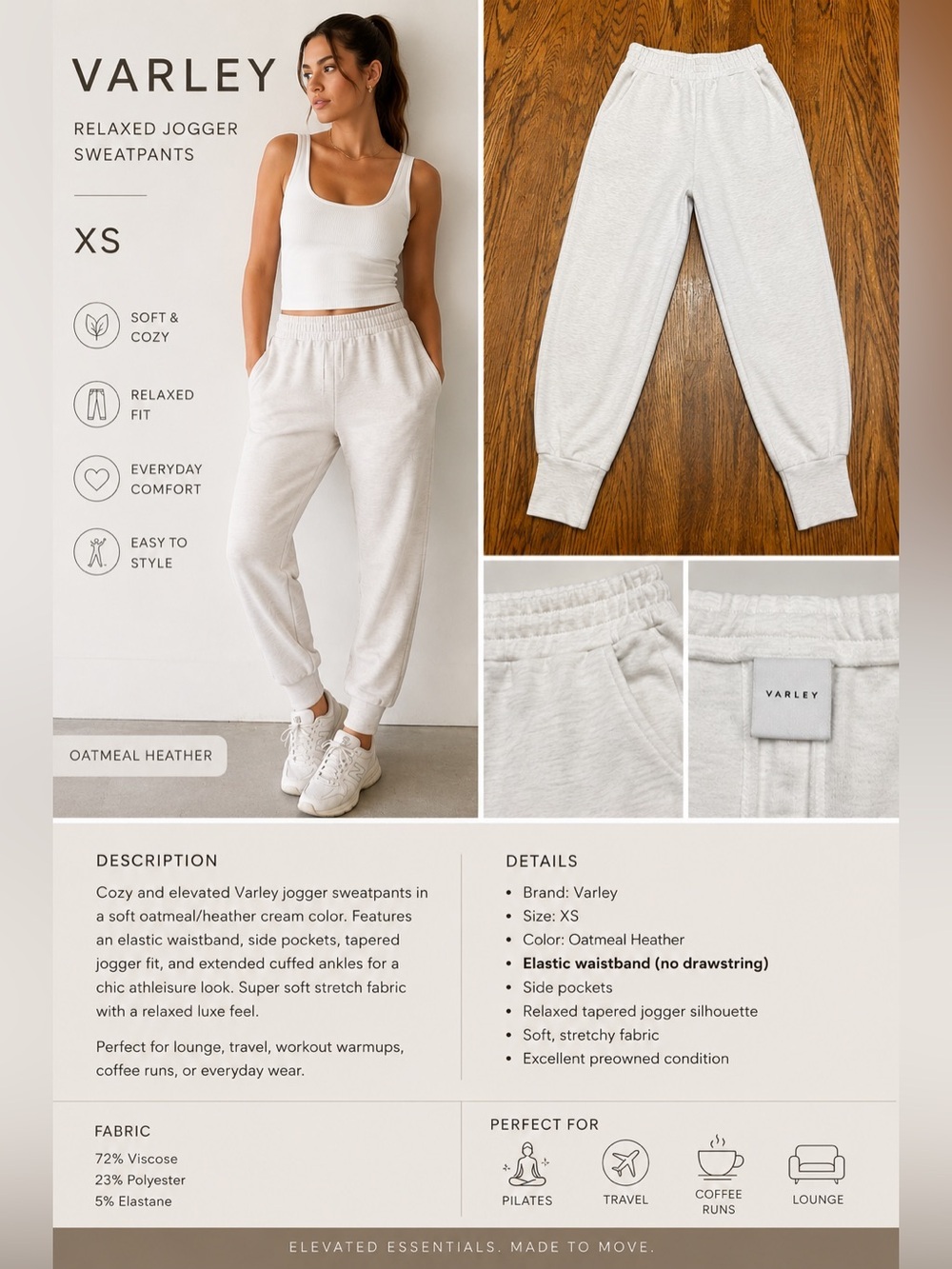 Varley Women’s Oatmeal Relaxed Jogger Sweatpants Size Extra Small Athleisure
